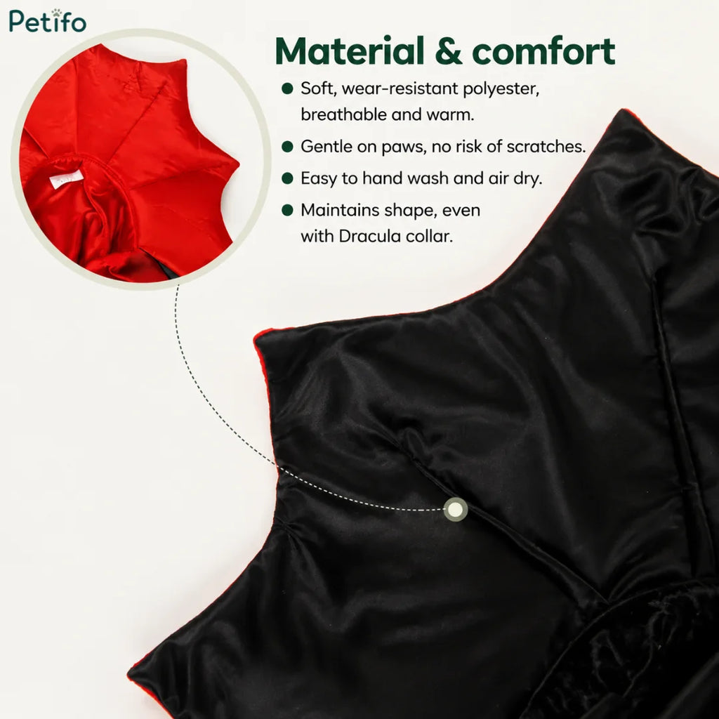 Material and comfort features of the Petifo cat vampire costume highlighting soft polyester, hand-washability, and shape retention.