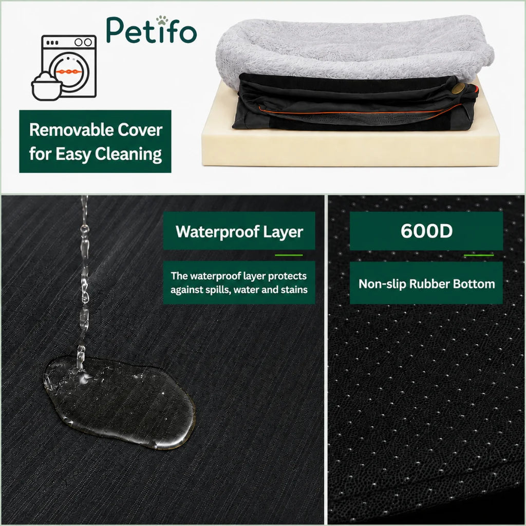 Petifo dog bed features highlighting a removable machine-washable cover, a protective waterproof layer.