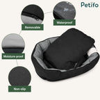 Features infographic highlighting the waterproof, removable, and non-slip design of the pet bed.