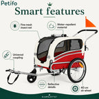 Product features diagram of Petifo red pet stroller trailer.