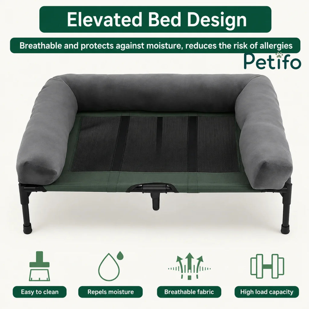 Features of the Petifo elevated dog bed, highlighting its moisture-resistant, breathable, and high-load capacity design.