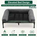 Features of the Petifo elevated dog bed, highlighting its moisture-resistant, breathable, and high-load capacity design.