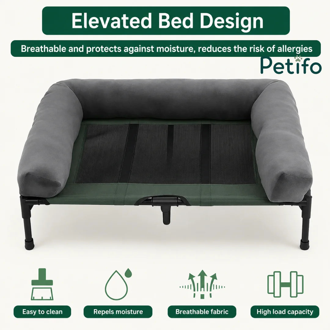 Features of the Petifo elevated dog bed, highlighting its moisture-resistant, breathable, and high-load capacity design.