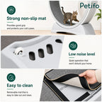 Features of the Petifo cat wheel including a non-slip scratching mat, low-noise operation, and a removable, easy-to-clean design.