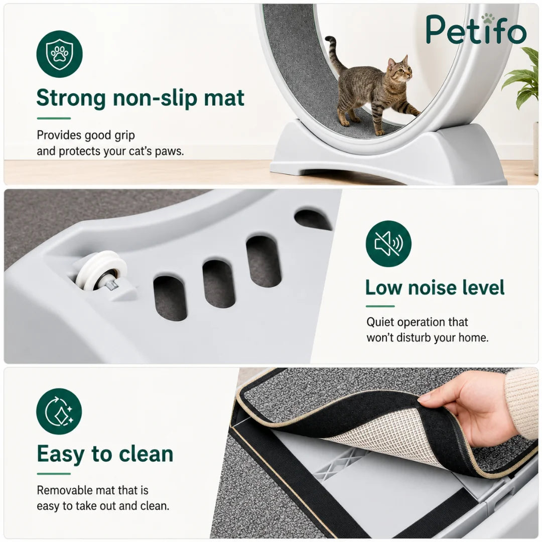 Features of the Petifo cat wheel including a non-slip scratching mat, low-noise operation, and a removable, easy-to-clean design.