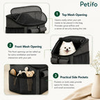 Close-up features of the Petifo bag showing the top mesh opening, roll-up front mesh, and side pockets.