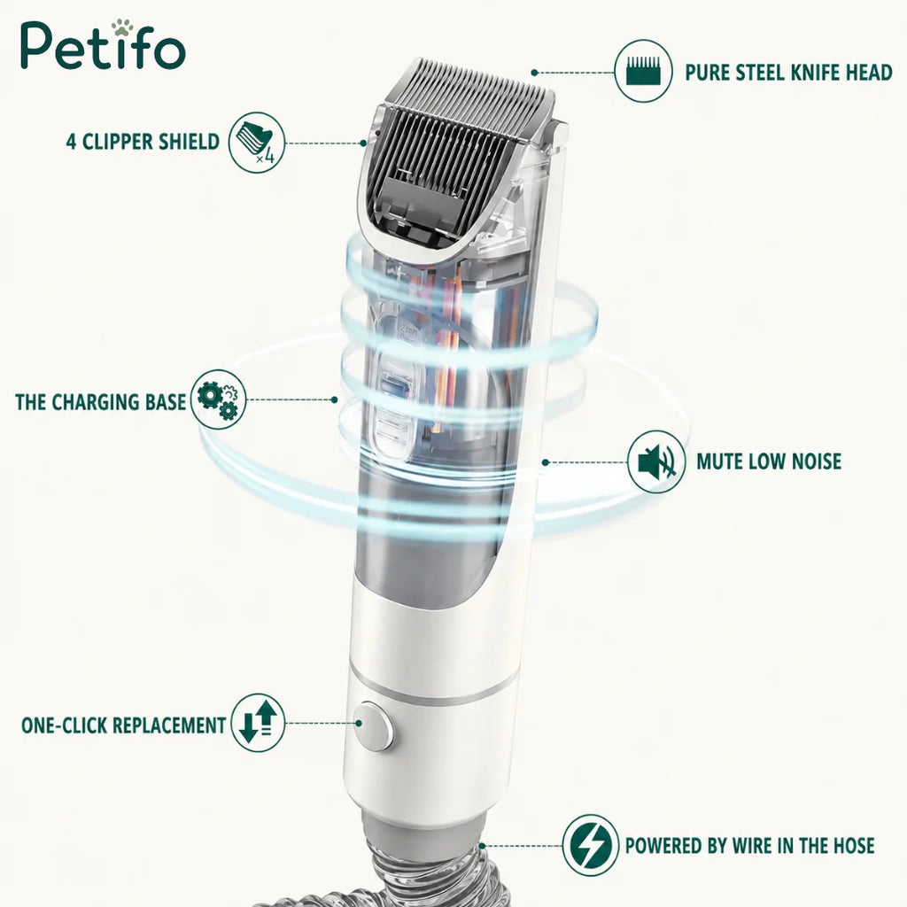 Close-up of the Petifo clipper head featuring a pure steel blade, one-click replacement, and integrated low-noise design.