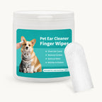 A 50-piece container of Pet Ear Cleaner Finger Wipes for cats and dogs with an individual textured finger sleeve.