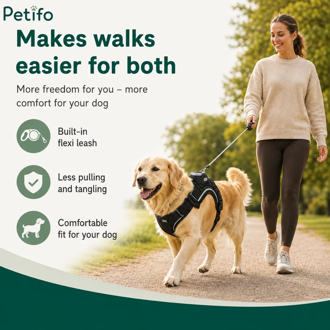 Woman walking a Golden Retriever happily on a path using a black dog harness with a built-in retractable flexi leash.