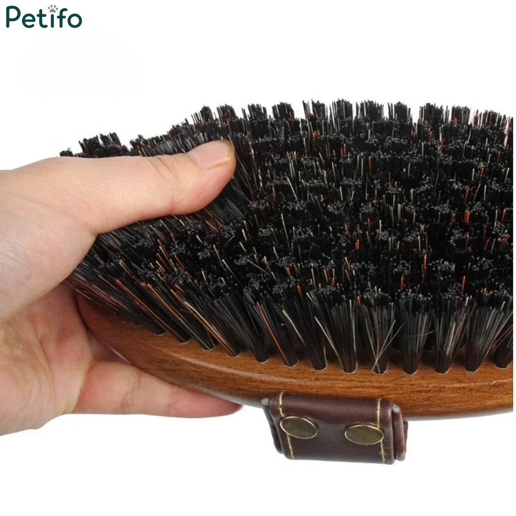 Close-up of flexible and dense bristles on a wooden horse grooming brush.