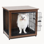 A fluffy white dog relaxing inside a dark wood Petifo dog crate end table styled with a comfortable interior cushion.