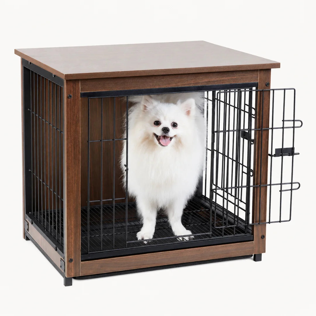 A fluffy white dog relaxing inside a dark wood Petifo dog crate end table styled with a comfortable interior cushion.