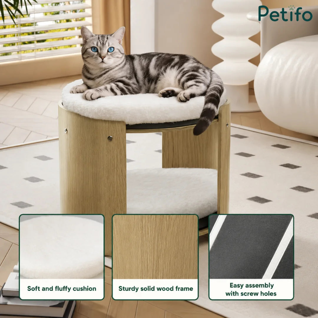 Modern round wooden cat bed featuring a fluffy white cushion, sturdy wood frame, and easy-to-assemble screw-hole design.