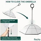 A guide illustrating the correct steps and hand placement required to safely close and fold the pet umbrella.