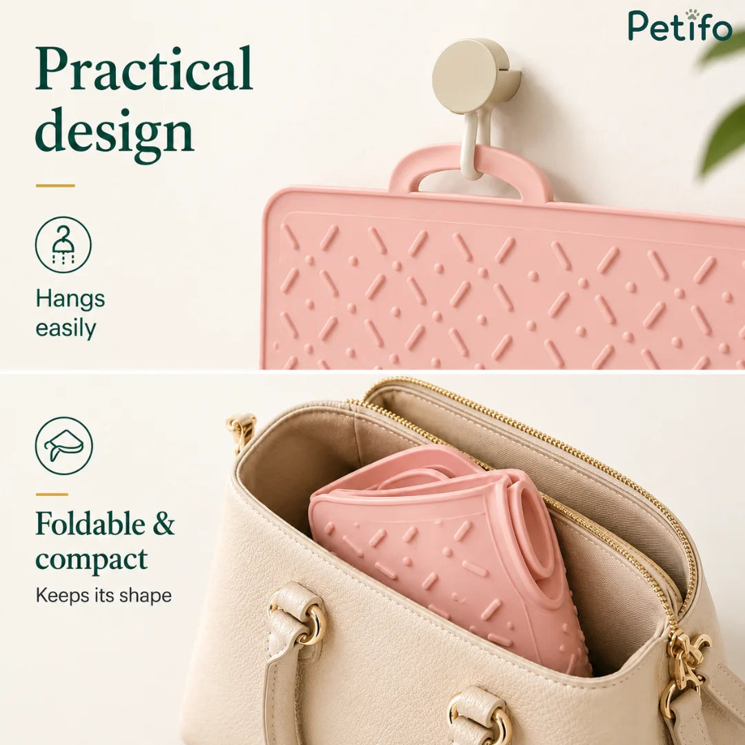 Petifo foldable silicone lick mat shown hanging on a hook and folded compactly inside a bag