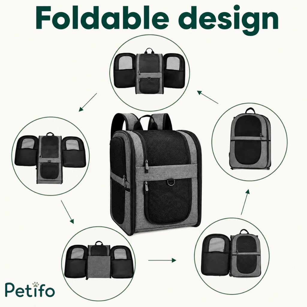 Diagram illustrating the convenient foldable design of the gray pet backpack from multiple angles.