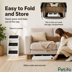 Folded pet stairs stored under sofa and in car trunk.