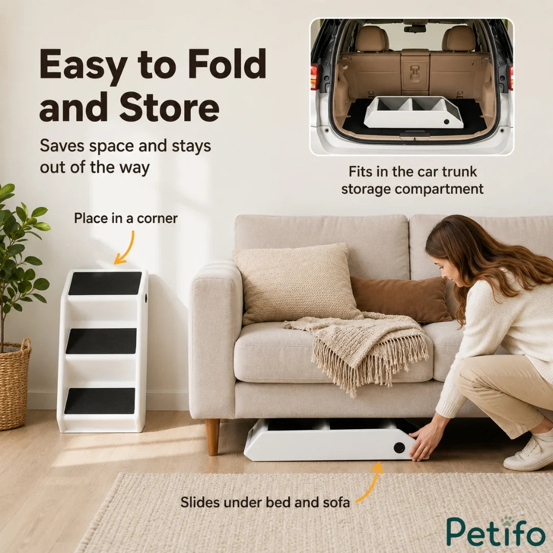 Folded pet stairs stored under sofa and in car trunk.