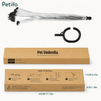 The retail packaging box for the pet umbrella alongside its folded canopy and C-shaped handle components.