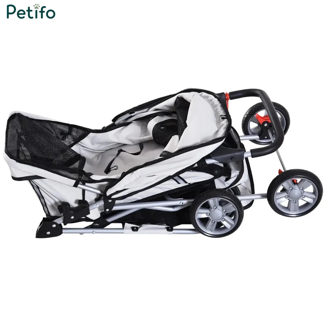 Side view of the Petifo pet stroller folded down for compact storage and portability.