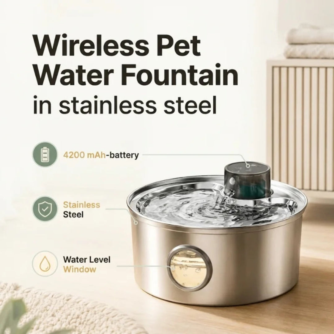 Clean, bright product presentation highlighting the key features of the wireless stainless steel pet water fountain, including its 4200 mAh battery and water level window.