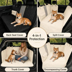 Four-in-one car seat protection showing versatility as a back seat cover, split cover, trunk cover, and encompassing cover.