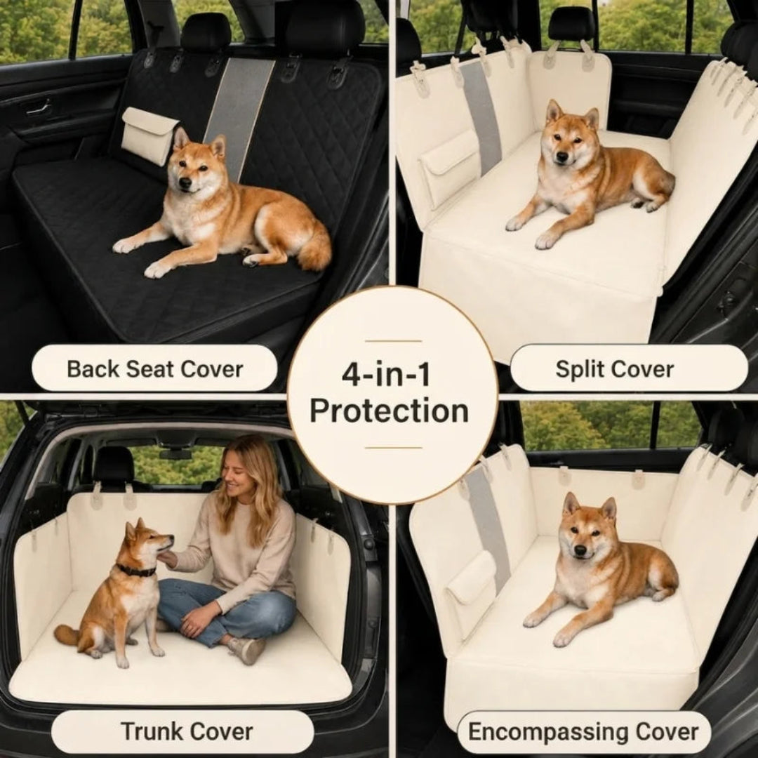 Four-in-one car seat protection showing versatility as a back seat cover, split cover, trunk cover, and encompassing cover.