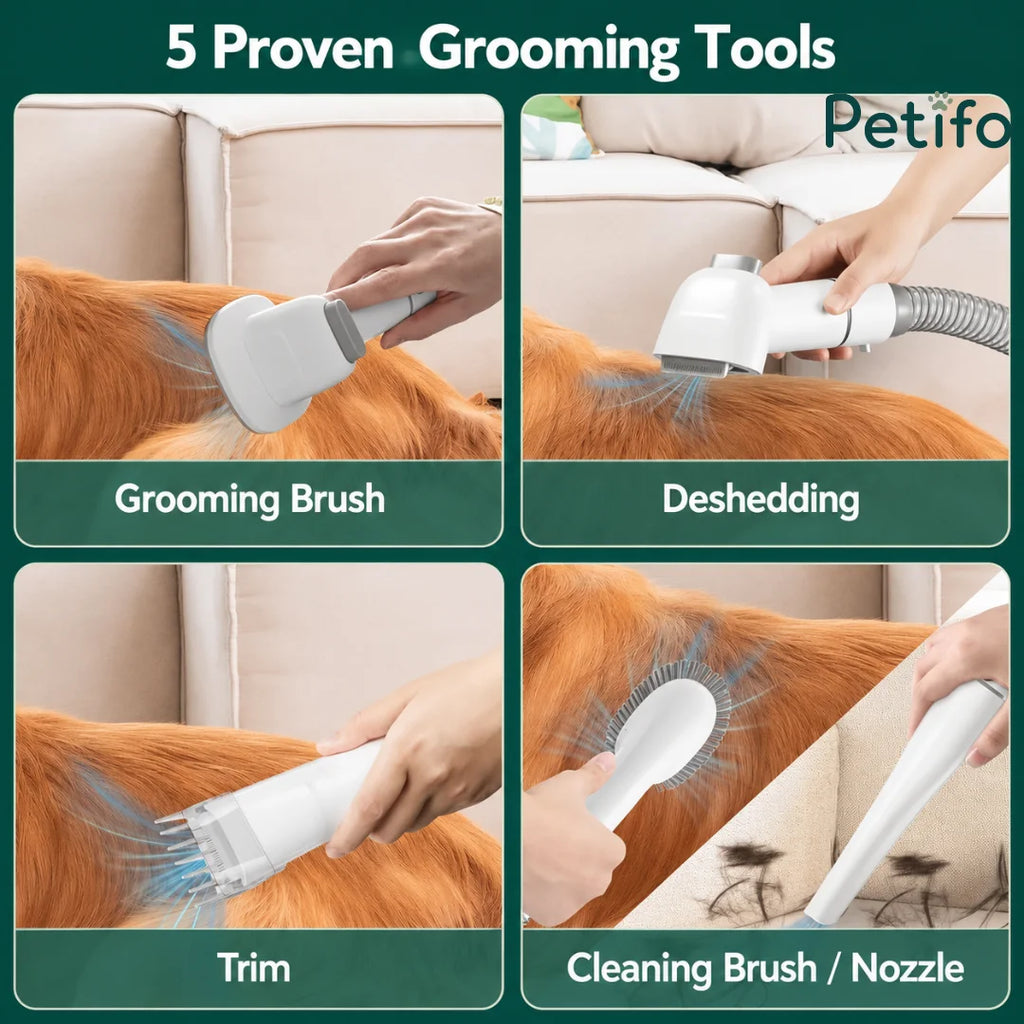 Four-panel instructional guide showing the practical application of Petifo grooming brushes, deshedding tools, trimmers, and cleaning nozzles
