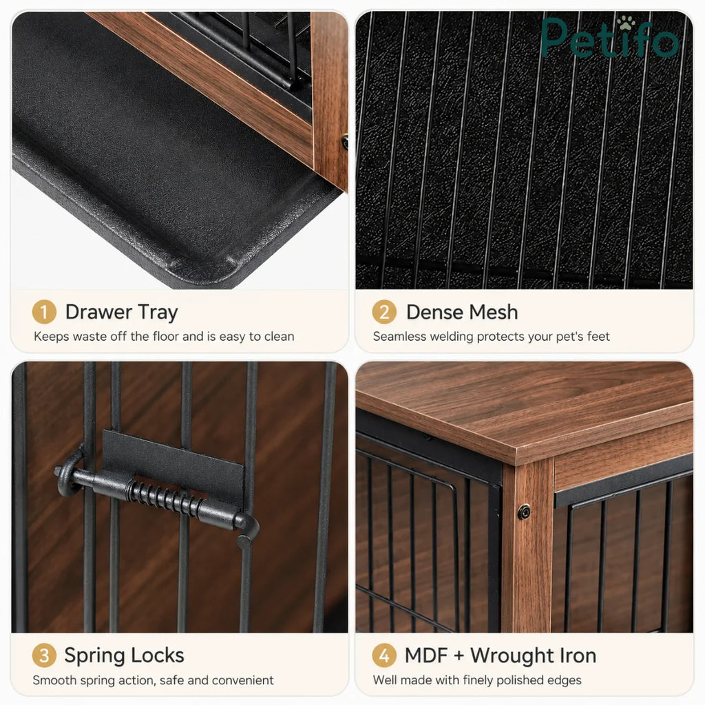 A four-part infographic highlighting Petifo dog crate features: a slide-out drawer tray, dense mesh flooring, spring locks, and durable MDF with wrought iron construction.