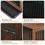 A four-part infographic highlighting Petifo dog crate features: a slide-out drawer tray, dense mesh flooring, spring locks, and durable MDF with wrought iron construction.