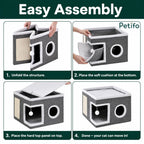 Four-step visual guide demonstrating the quick and easy folding assembly of the Lunatto collapsible cat condo.