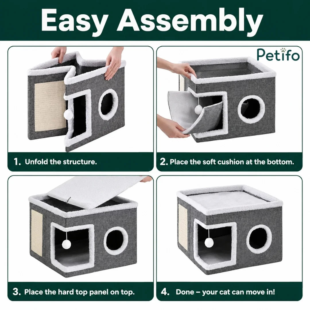 Four-step visual guide demonstrating the quick and easy folding assembly of the Lunatto collapsible cat condo.