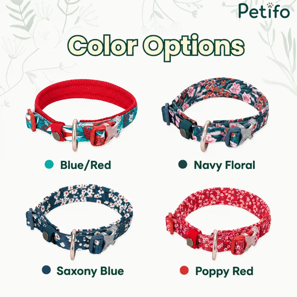 Four color variations of the Petifo dog collar, including Blue/Red, Navy Floral, Saxony Blue, and Poppy Red.