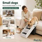 French bulldog descending white 3-step pet stairs.