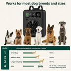 the ultrasonic anti-barking device works for various dog breeds and sizes, with four frequency levels ranging from 15 kHz to 30 kHz, including an automatic adjustment mode.