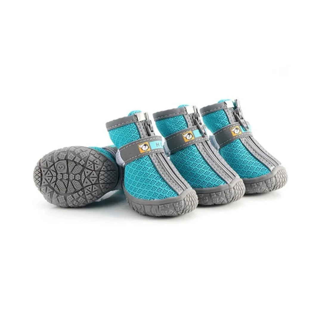 Petifo bright teal breathable mesh dog boots featuring flexible soles and convenient front zippers shown on a white background.