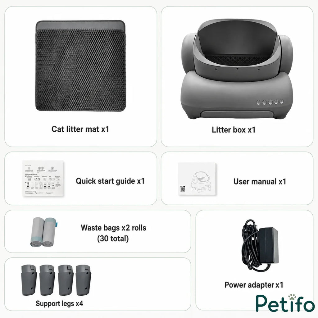 Full set of components included with the Neakasa cat litter box, including mat, legs, bags, and power adapter.