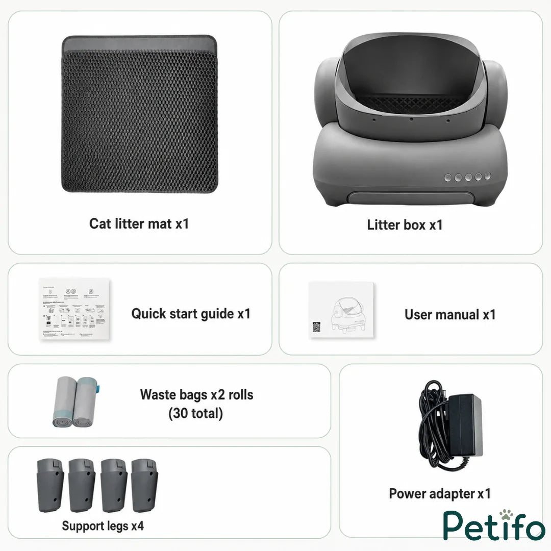 Full set of components included with the Neakasa cat litter box, including mat, legs, bags, and power adapter.