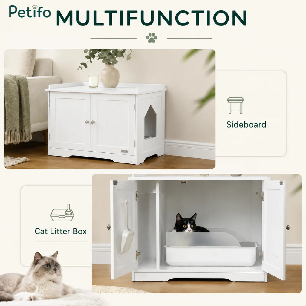 An infographic displaying the multifunctionality of the Petifo cabinet, illustrating its use as both a decorative sideboard and a functional indoor cat litter enclosure.