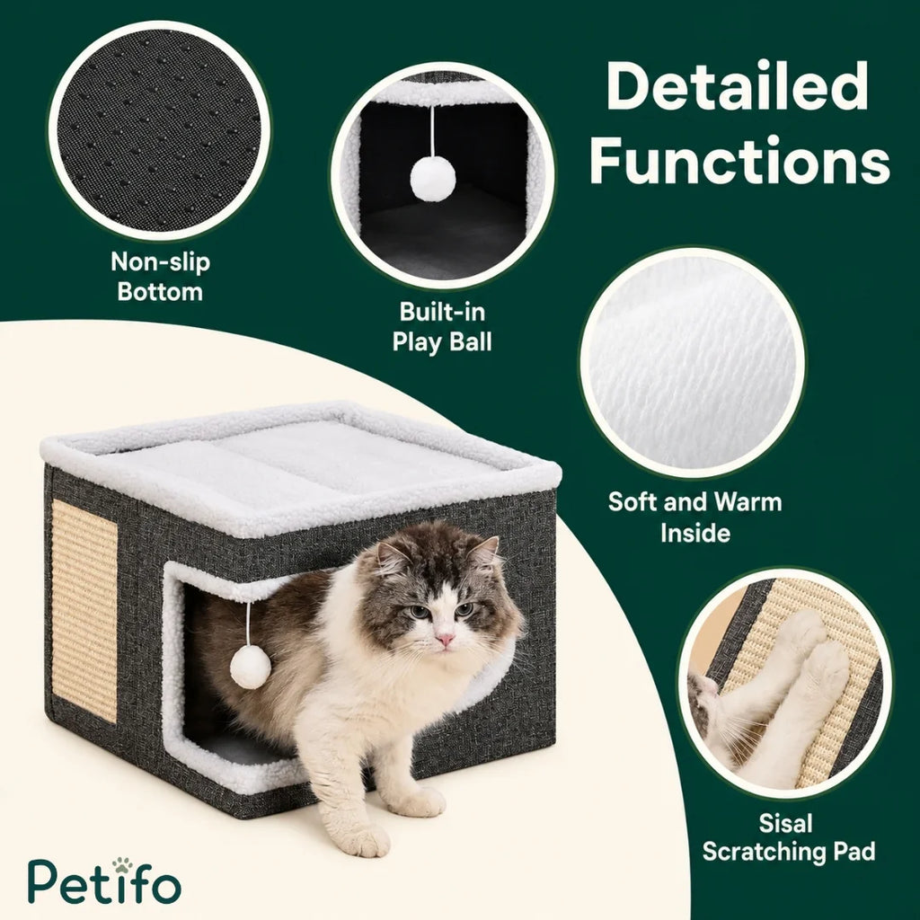 Functionality diagram of the Lunatto cat cube highlighting its non-slip bottom, built-in play ball, soft interior lining, and side sisal scratching pad.