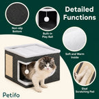 Functionality diagram of the Lunatto cat cube highlighting its non-slip bottom, built-in play ball, soft interior lining, and side sisal scratching pad.