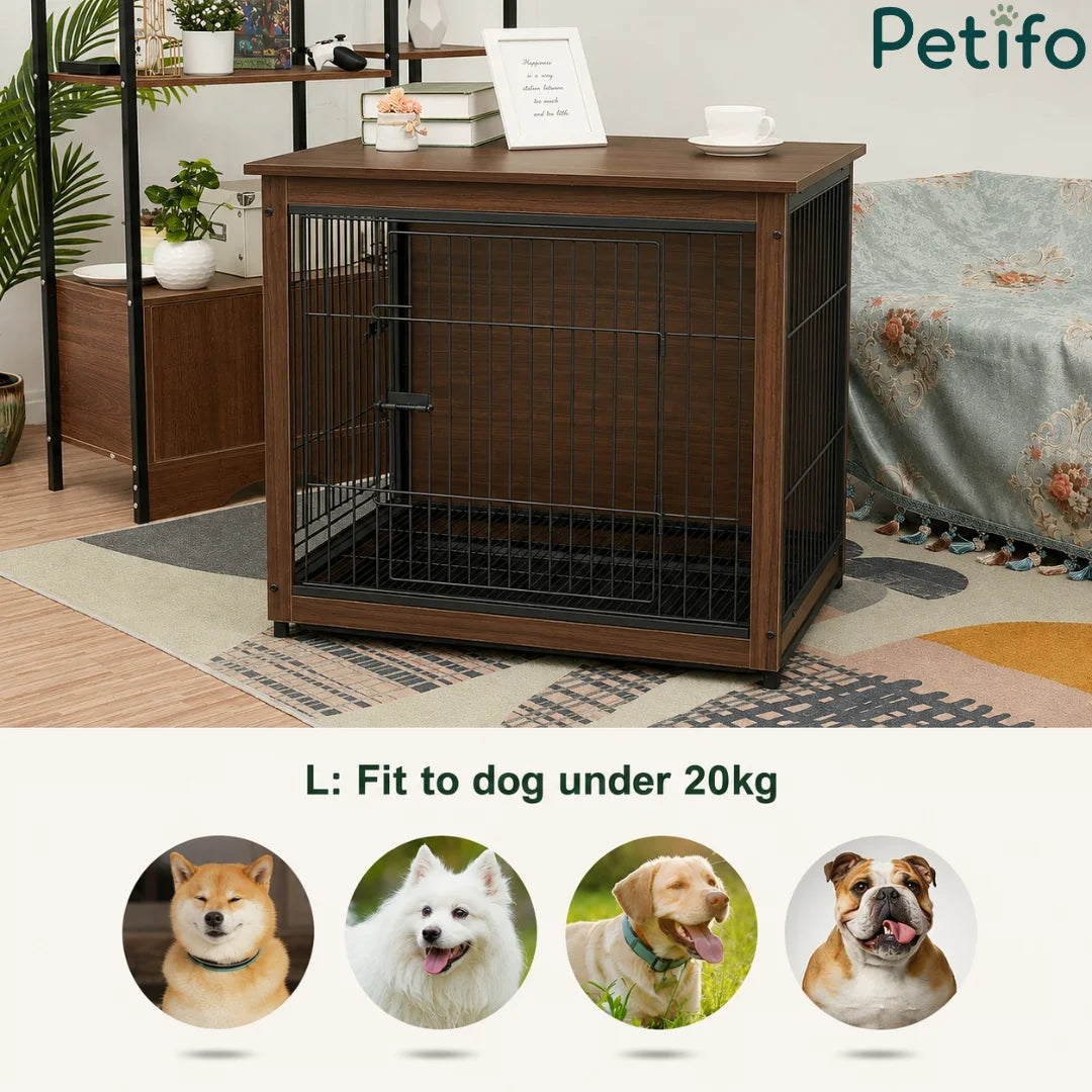 A Petifo wooden dog crate furniture piece featured as a living room side table, suitable for dogs weighing under 20kg.