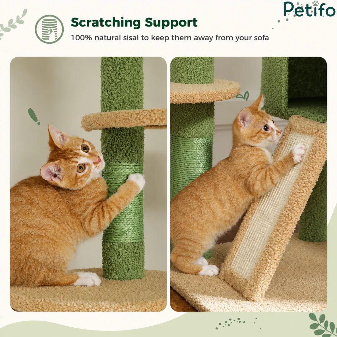 Ginger cat using the natural sisal-wrapped scratching posts and ramp on a green cactus-themed cat tower to protect furniture.