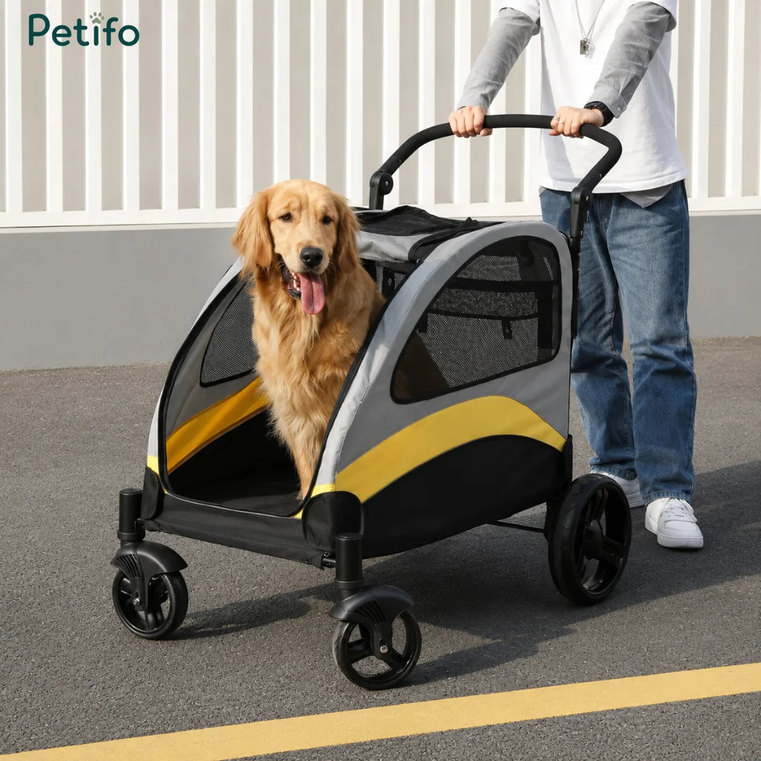 Golden Retriever sitting inside a Petifo large dog stroller being pushed by a person outdoors