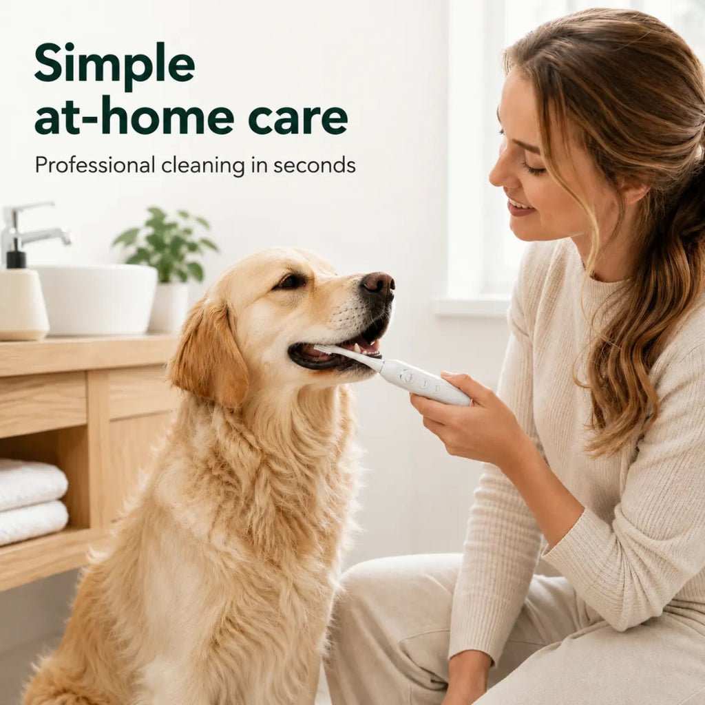 A woman using an electric pet toothbrush to clean a golden retriever's teeth at home.
