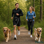 Couple jogging together on a scenic forest trail using hands-free dog leashes with golden retrievers.