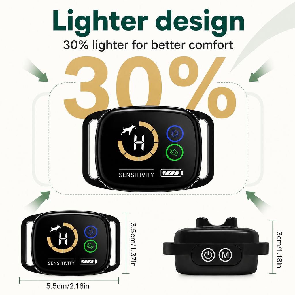 Graphic illustration of the lightweight ChewUp anti-bark collar with technical dimensions and a 30% lighter comfort design
