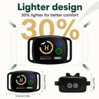 Graphic illustration of the lightweight ChewUp anti-bark collar with technical dimensions and a 30% lighter comfort design