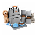 Petifo multi-functional gray dog and cat travel backpack set featuring insulated food containers, collapsible bowls, a waterproof mat, waste bags, and a dog and cat standing on either side