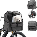 Petifo gray multifunctional pet bike basket and carrier shown mounted on a bicycle with a small white dog inside, alongside smaller thumbnail views displaying its handlebar mount, top mesh, and front profile.